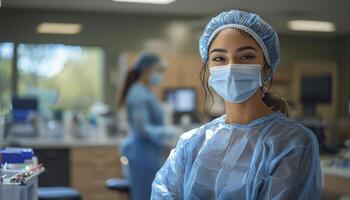 In a modern dental clinic, a skilled dental assistant meticulously prepares sterilized instruments, ensuring a safe and hygienic environment for the upcoming procedure The assistant, dressed in photo