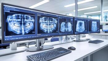 In a modern dental clinic, multiple monitors vividly display detailed dental X-ray images The high-tech environment is clean and sterile, creating a professional atmosphere These radiographic views photo
