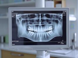 In a modern dental office, a cutting-edge digital X-ray system meticulously scans a patient's teeth, capturing detailed images for precise diagnostics and treatment planning The advanced technology photo