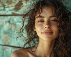 In a moment of pure joy, a happy woman basks in the gentle embrace of a magical aura, her curly hair cascading around her face like a golden waterfall She glows with an inner radiance, her smile photo