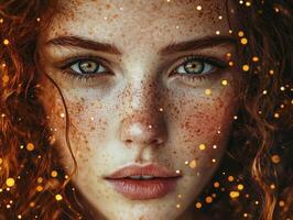 In a mystical embrace, a radiant woman with enchanting curly hair becomes the subject of a photograph The soft bokeh lights dance around her, creating an aura of otherworldly charm Her freckled skin photo