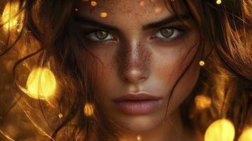 In a realm of enchanting artistry, a portrait unveils a woman's radiant spirit, bathed in the gentle embrace of bokeh's warm glow Light dances playfully, illuminating her features, casting an photo
