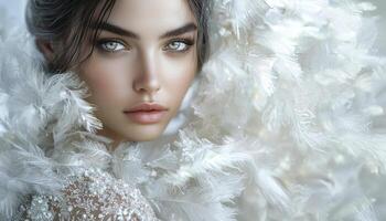 In a realm where dreams intertwine with reality, a delicate woman emerges, adorned with jeweled petals that shimmer like stardust Her presence exudes an ethereal elegance, a testament to the artistry photo