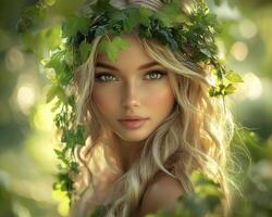 In a realm where dreams intertwine with reality, a captivating lady emerges, adorned with verdant ivy cascading gracefully over her delicate shoulders The soft, ethereal glow of the golden hour photo