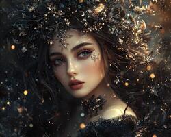 In a realm where elegance intertwines with nature's embrace, a lady emerges, adorned with crystal-studded vines that cascade around her, capturing the essence of luxurious beauty Her gaze, both photo
