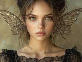 In a realm where dreams take flight, a portrait emerges, unveiling a woman adorned with the gossamer touch of delicate fairy wings Her countenance radiates a soft, enchanted glow, casting a spell of photo