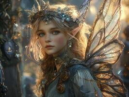 In a realm where dreams take flight, a woman emerges, adorned with delicate fairy wings, a testament to whimsical elegance Bathed in a soft, enchanted glow, she embodies the ethereal beauty of a photo