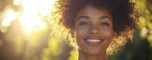 In a realm where light dances with dreams, a woman with cascading curls radiates joy Her smile, a beacon of serenity, illuminates the frame, inviting warmth and wonder Backlit by the sun's golden photo