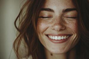 In a realm where happiness dances freely, behold the captivating portrait of a womanradiating pure joy Her eyes, closed in peaceful contentment, mirror the serenity within A gentle smile graces her photo