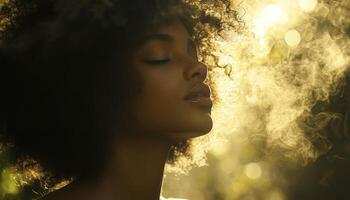 In a realm where light dances with ethereal grace, a curly-haired woman finds solace in a moment of pure magic Bathed in a soft, golden glow, she closes her eyes, surrendering to the enchantment that photo