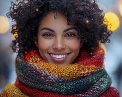 In a realm where dreams intertwine with reality, a radiant woman with cascading, curly hair stands as a beacon of joy Her infectious smile, illuminating like a thousand stars, reflects the enchanting photo