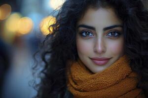In a realm where the ordinary dances with the extraordinary, behold a captivating portrait of a woman adorned with cascading curls, bathed in the ethereal glow of a magical evening ambiance Soft photo