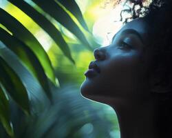In a serene moment, bathed in a soft, ethereal light, a woman with cascading, curly hair embodies natural beauty Surrounded by a symphony of dreamy, magical bokeh, she is framed by verdant foliage photo