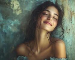In a serene moment, a woman with cascading curly hair radiates happiness, bathed in a soft, ethereal glow The gentle bokeh effect enhances the magical atmosphere, casting a dreamy spell around her photo