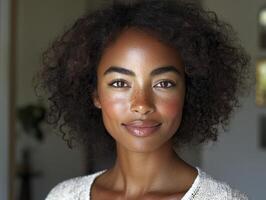 In a serene portrait, a woman's radiant smile illuminates the frame, her curly hair cascading like a waterfall of ebony silk Her eyes, pools of warm chocolate, hold a depth of understanding and joy photo