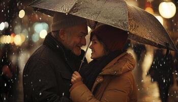 In a soft, drizzling rain, a senior couple finds solace beneath the shared canopy of an umbrella, their eyes locked in a tender gaze that speaks volumes of enduring love The gentle patter of photo