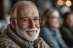 In a sun-drenched office, an elderly gentleman, with the weight of years etched on his face, engages in a vital discussion with a financial advisor His spectacles perched upon his nose, he listens photo
