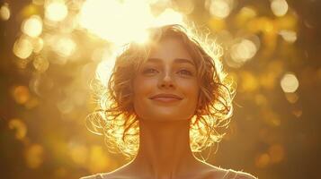 In a sun-drenched meadow, bathed in the golden hour's embrace, a woman with curly hair stands serene, her visage illuminated by a gentle, ethereal glow Light dances through her tresses, creating a photo