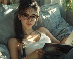 In a sun-drenched room, a young woman reclines against plush pillows, lost in the pages of a captivating novel Her brow furrows slightly in concentration, her lips curved in a subtle smile as she photo
