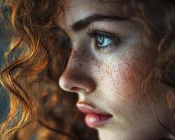 In a symphony of light and shadow, a curly-haired woman emerges, her visage painted with the delicate strokes of a dream The soft bokeh whispers secrets in the background, while the magical light photo