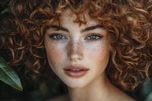 In a symphony of light and shadow, her curly hair dances, a cascade of auburn waves cascading around her face Softly illuminated from behind, each strand shimmers with a golden glow, creating an photo