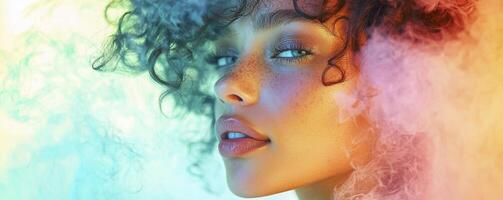 In a symphony of light and shadow, a woman's beauty unfolds, framed by a cascade of enchanting curls Her gaze, a captivating mystery, draws you into a world where dreams and reality intertwine photo
