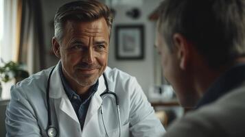 In a warm, inviting office, a smiling and confident doctor is explaining a carefully crafted treatment plan to his patient, ensuring they understand every aspect of their care The doctor's expertise photo
