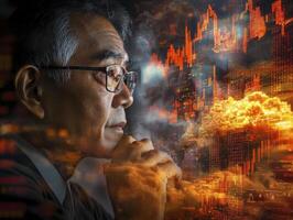 In a world increasingly dominated by financial markets, a senior citizen dedicates himself to staying informed He reads intently about the ebb and flow of stocks Market fluctuations influence his photo