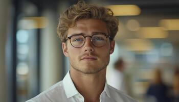 In a world teeming with dynamism and aspirations, the visage of a young businessman emerges, embodying the fusion of intellect and style His glasses frame keen eyes, reflecting a mind both sharp and photo
