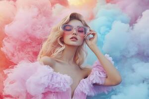 In a world painted with soft hues, a chic woman emerges, her presence as delicate as the clouds that surround her With a gentle touch, she adjusts her glasses, framing eyes that hold a universe of photo