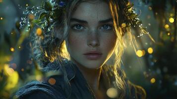In realms of arcane beauty, a sorceress reigns, her presence a symphony of enchantment Vines, shimmering like stardust, intertwine within her flowing hair, a crown of nature's magic Her gaze, a photo