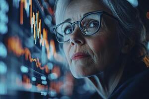 In the complex realm of finance, a senior woman stands as a beacon of experience and foresight, meticulously analyzing stock market trends With focused determination, she navigates the intricacies of photo