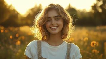 In the embrace of a golden hour, a radiant woman smiles, her eyes sparkling with joy, as the soft, glowing light dances around her, creating a magical bokeh effect that illuminates her beauty and photo