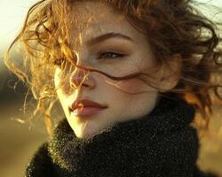 In the embrace of a tranquil evening, a woman stands bathed in a gentle, diffused light Her curly hair, a vibrant cascade, catches the golden rays, creating a halo effect Bokeh, soft and ethereal photo