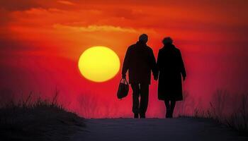 In the fading light of day, an elderly couple walks hand-in-hand, their silhouettes framed against a vibrant sunset Years of shared experiences etched on their faces, they find solace and comfort in photo