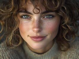 In the gentle embrace of twilight, her cascade of curls dances with golden light, a symphony of textures and tones Freckles like stardust scatter across her radiant face, each a tiny constellation of photo