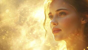 In the heart of an enchanted realm, where dreams intertwine with reality, a radiant woman emerges, her presence illuminating the ethereal landscape Bathed in a soft, golden glow, she exudes serenity photo