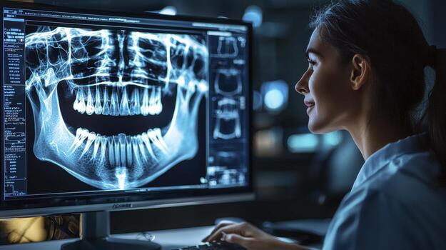 In the heart of modern dentistry, a skilled dentist engages with a sophisticated AI-powered diagnostic system, meticulously analyzing intricate X-ray results This innovative technology promises to photo