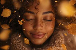 In the heart of autumn's embrace, a woman with a radiant smile and captivating curly hair basks in the gentle glow of a magical, backlit atmosphere Her eyes are closed, a peaceful serenity gracing photo