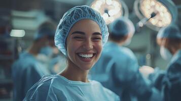 In the heart of the modern hospital, a medical team unites to celebrate a patient's remarkable recovery, embodying the essence of teamwork and resounding success in healthcare Their unwavering photo