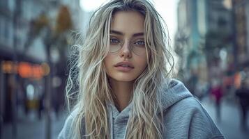 In the heart of the urban landscape, a woman embodies effortless style in an oversized sweatshirt and clear glasses, capturing the essence of a minimalist aesthetic Her gaze, both captivating and photo