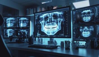 In the meticulously clean and advanced setting of a contemporary dental office, a multitude of monitors are strategically arranged to showcase intricate dental X-ray images These detailed photo