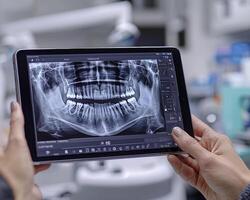 In the modern dental office, a dedicated professional meticulously examines X-ray details displayed on a high-definition tablet The digital image offers clear insights into the patient's dental photo