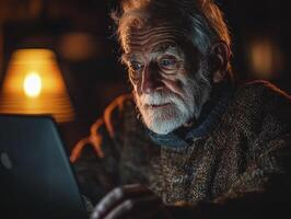 In the quiet solitude of his home, an elderly gentleman meticulously reviews his online banking portal He's deeply engrossed in monitoring the growth of his retirement fund, a crucial component of photo