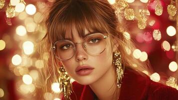 In the realm of haute couture, a vision unfolds, a symphony of style and grace Her visage, adorned with gold-rimmed glasses, becomes a canvas, a testament to impeccable taste Bold earrings cascade photo