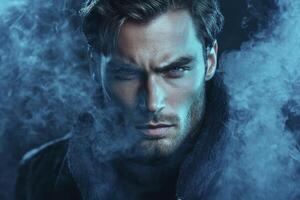 In the realm of enigmatic allure, a captivating portrait unveils a man exuding an aura of self-assuredness and poised tranquility His countenance, etched with subtle lines of experience, narrates photo