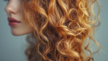 In the realm of ethereal beauty, a cascade of fiery curls dances with carefree abandon Each strand whispers tales of untold enchantment, while soft bokeh unfurls like a dream The light caresses the photo