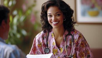 In the realm of healthcare, where compassion intertwines with expertise, a smiling nurse stands as a beacon of hope and healing She assists a patient with medical paperwork, ensuring clarity and photo