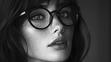 In the realm of minimalist fashion, a striking individual emerges, adorned with iconic cat-eye glasses that exude timeless charm The monochrome ensemble, a canvas of elegant simplicity, complements photo