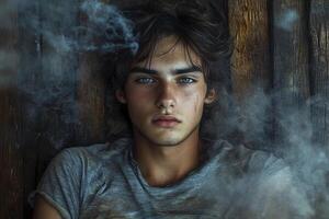 In the realm of timeless portraiture, a man's essence is captured with stark simplicity His gaze, a window to the soul, holds secrets whispered by the wind The clean-cut hairstyle speaks of modernity photo